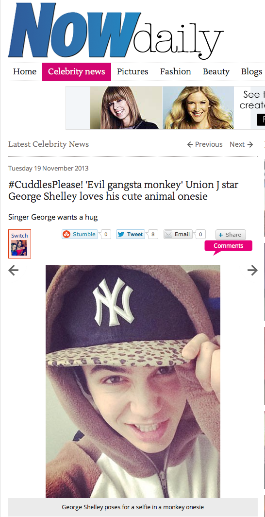 Onesie Gangsta Monkey - NOW Daily! George from Union J loving his Monkey Onesie