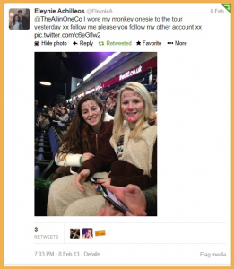 Eleynie Achilleos and Luisa Merrygold in their Union J Monkey Onesies at The X Factor Tour