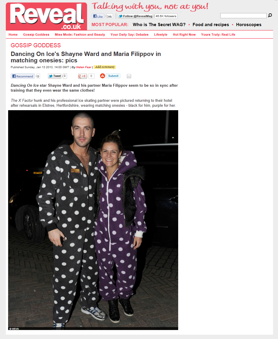 Shayne Ward and Maria Filippov in their The All-in-One Company Onesies