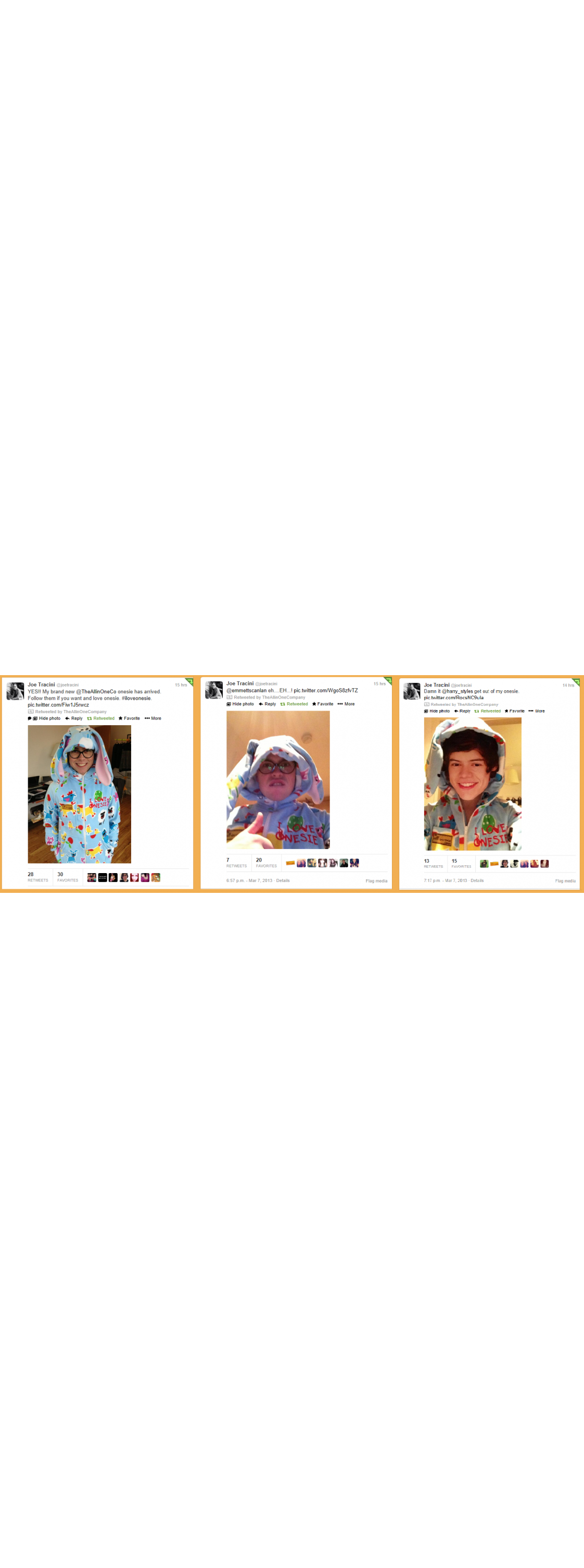 Joe Tracini tweets his Onesie to The All-in-One Company, Emmett Scanlan and Harry Styles
