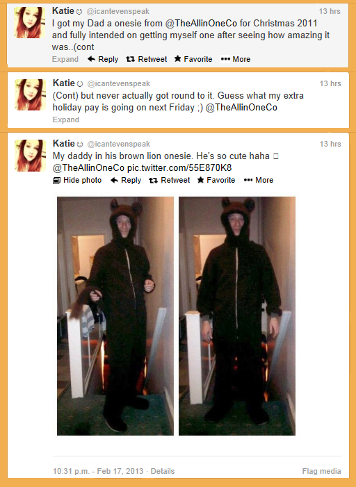 Katie's Onesie Tweet to @TheAllinOneCo