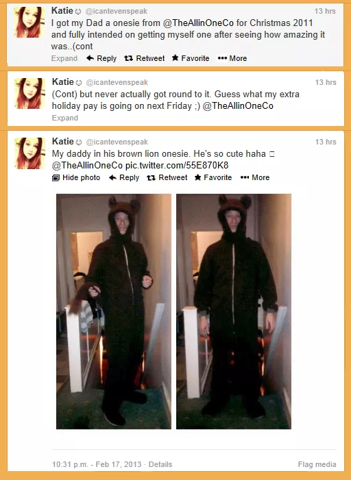 Onesie Review: Onesie Tweets -  Katie tweets about her Dad's Onesie