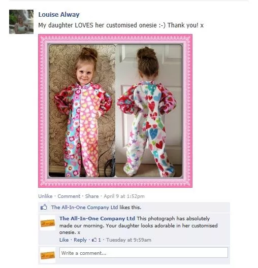 Onesie Review: Louise Alway posts on our Facebook wall
