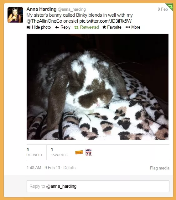 Onesie Tweets:  Anna Harding tweets about Binky the Bunny and her Onesie