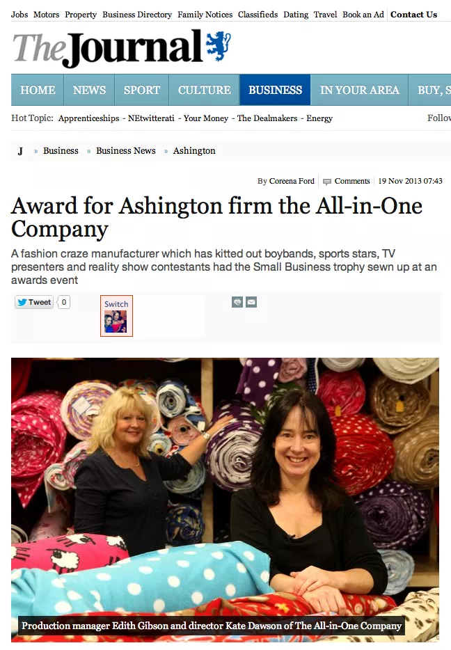Onesie Press:  The Journal 'Award for Ashington firm The All-in-One Company'