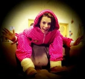 Dancing on Ice Vicky Odgen shows off her Mini Dot Fuchsia All-in-One Company Onesie