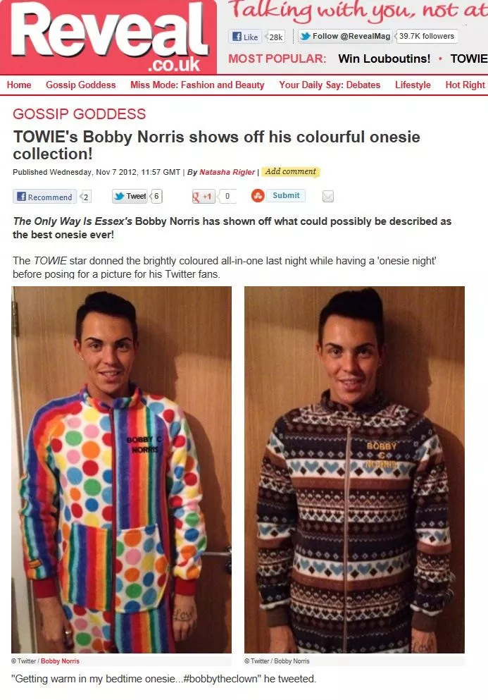 Reveal Magazine: TOWIE's Bobby Norris shows off his colourful onesie collection!